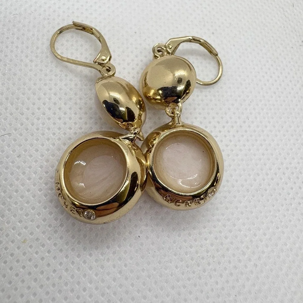 Lot of 2 Vintage Monet Earrings Gold Tone Black Cream Enamel Hoops Pink Moonglow
